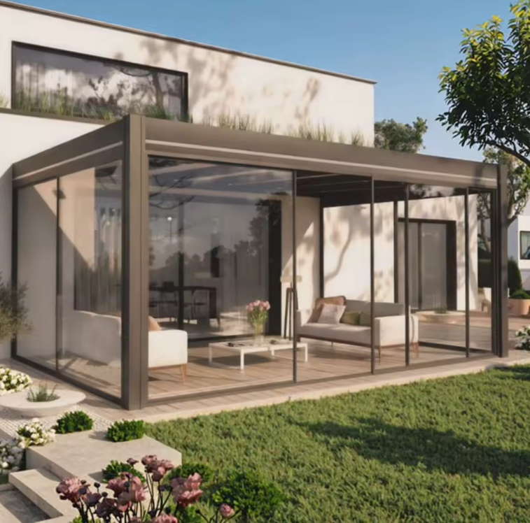 sklum es Pergola Bioclimatique Motorisée en Aluminium avec Porte Coulissante en Verre