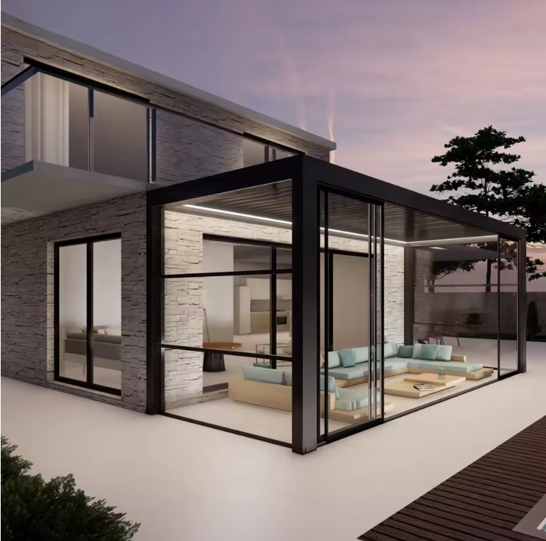 sklum es Pergola Bioclimatique Motorisée en Aluminium avec Porte Coulissante en Verre