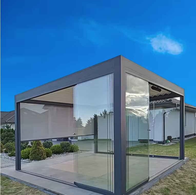 sklum es Pergola Bioclimatique Motorisée en Aluminium avec Porte Coulissante en Verre
